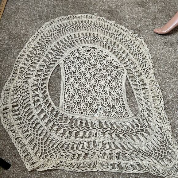 Sioni mesh crochet beige tan open front waterfall front SZ SM Swimsuit cover up - Picture 5 of 9